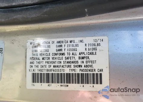 2015 Honda Accord Exl from USA, damaged, VIN 1HGCT1B8XFA005370